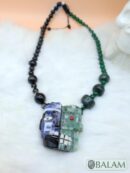 Duality of life and death necklace, Ceremonial Necklace, Jade, Obsidian, aventurine beads. Teotihuacan mask obsidian with aventurine inlays.