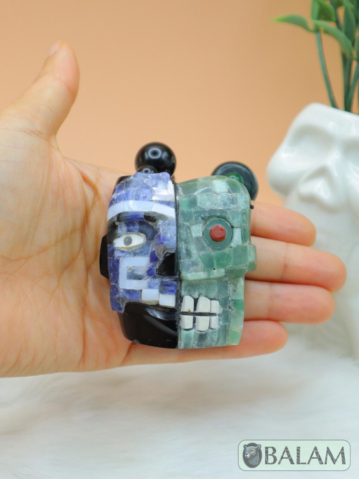 Duality of life and death necklace, Ceremonial Necklace, Jade, Obsidian, aventurine beads. Teotihuacan mask obsidian with aventurine inlays.