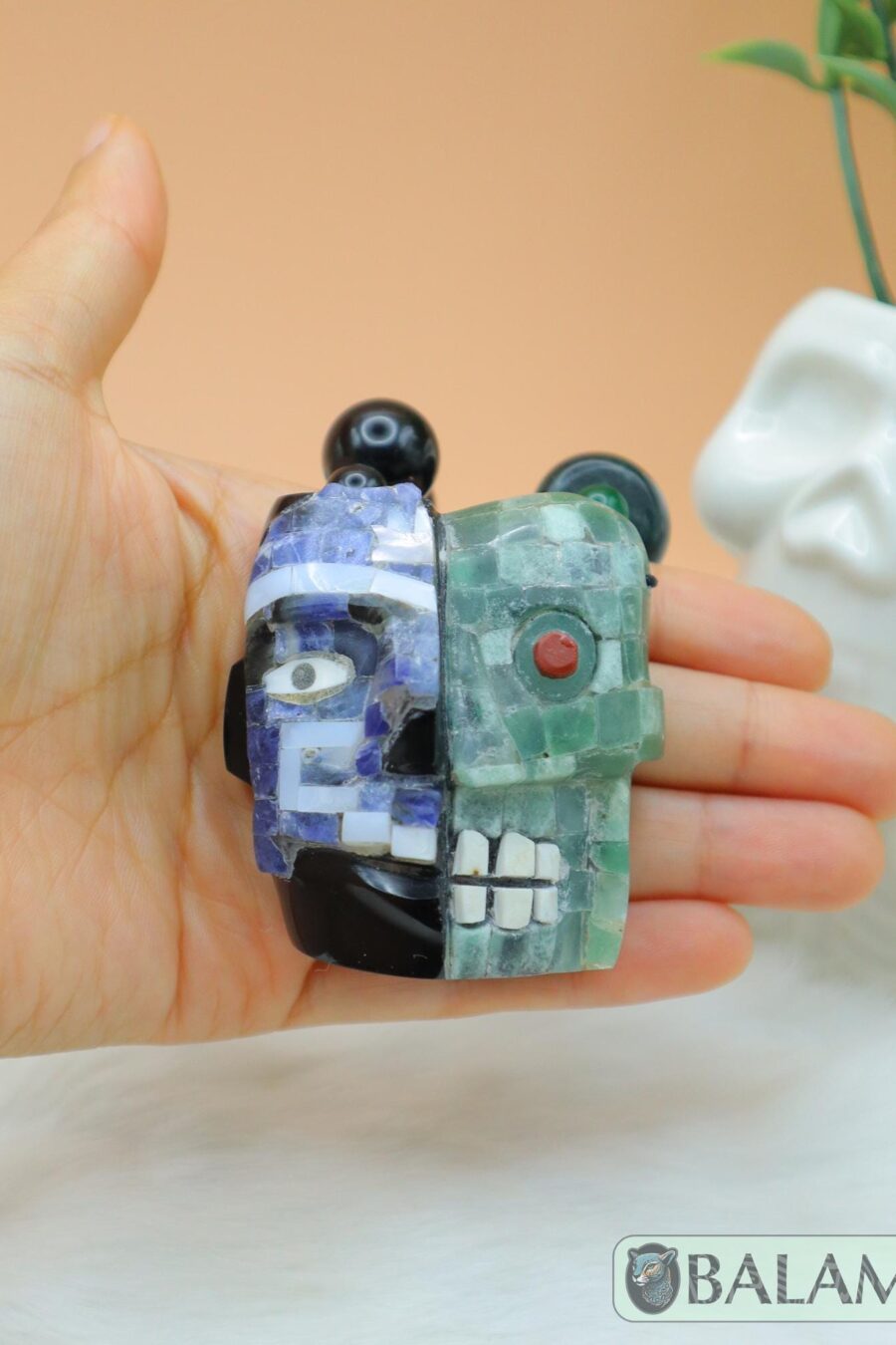 Duality of life and death necklace, Ceremonial Necklace, Jade, Obsidian, aventurine beads. Teotihuacan mask obsidian with aventurine inlays.