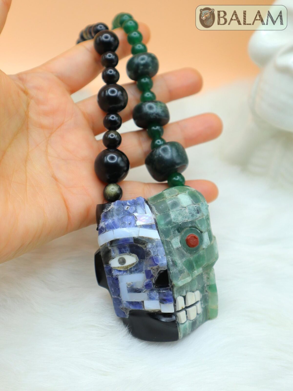 Duality of life and death necklace, Ceremonial Necklace, Jade, Obsidian, aventurine beads. Teotihuacan mask obsidian with aventurine inlays. - Image 4