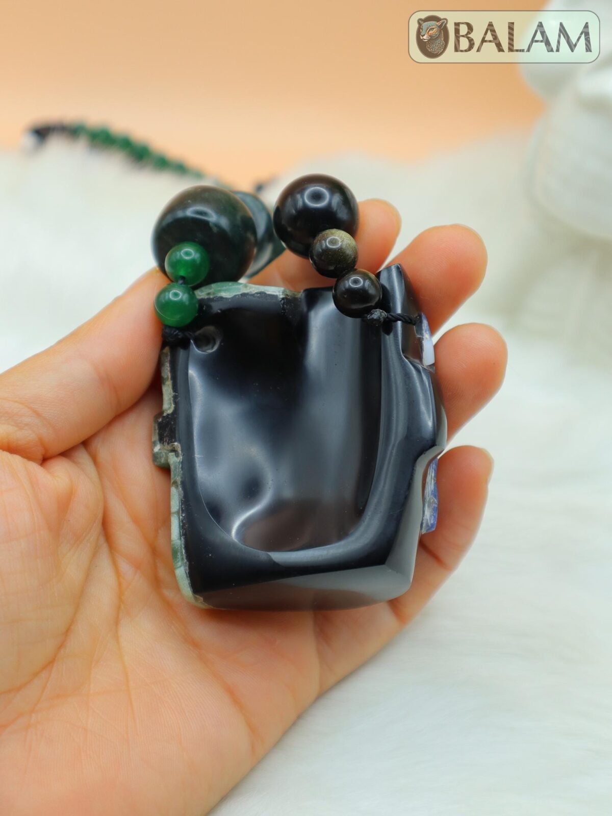 Duality of life and death necklace, Ceremonial Necklace, Jade, Obsidian, aventurine beads. Teotihuacan mask obsidian with aventurine inlays. - Image 8