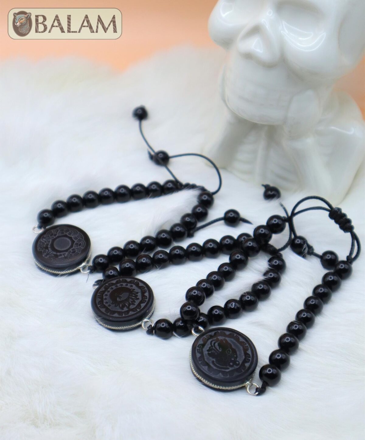 Obsidian bracelet with Mayan symbols, Fossil bracelet, 8.5mm diameter of beads. Adjustable 8 to 10 inches. Healing stones, Protection stones - Image 2