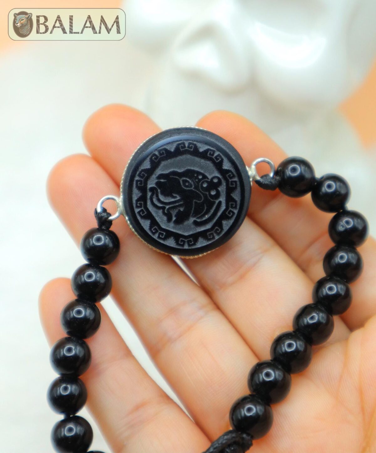 Obsidian bracelet with Mayan symbols, Fossil bracelet, 8.5mm diameter of beads. Adjustable 8 to 10 inches. Healing stones, Protection stones - Image 4