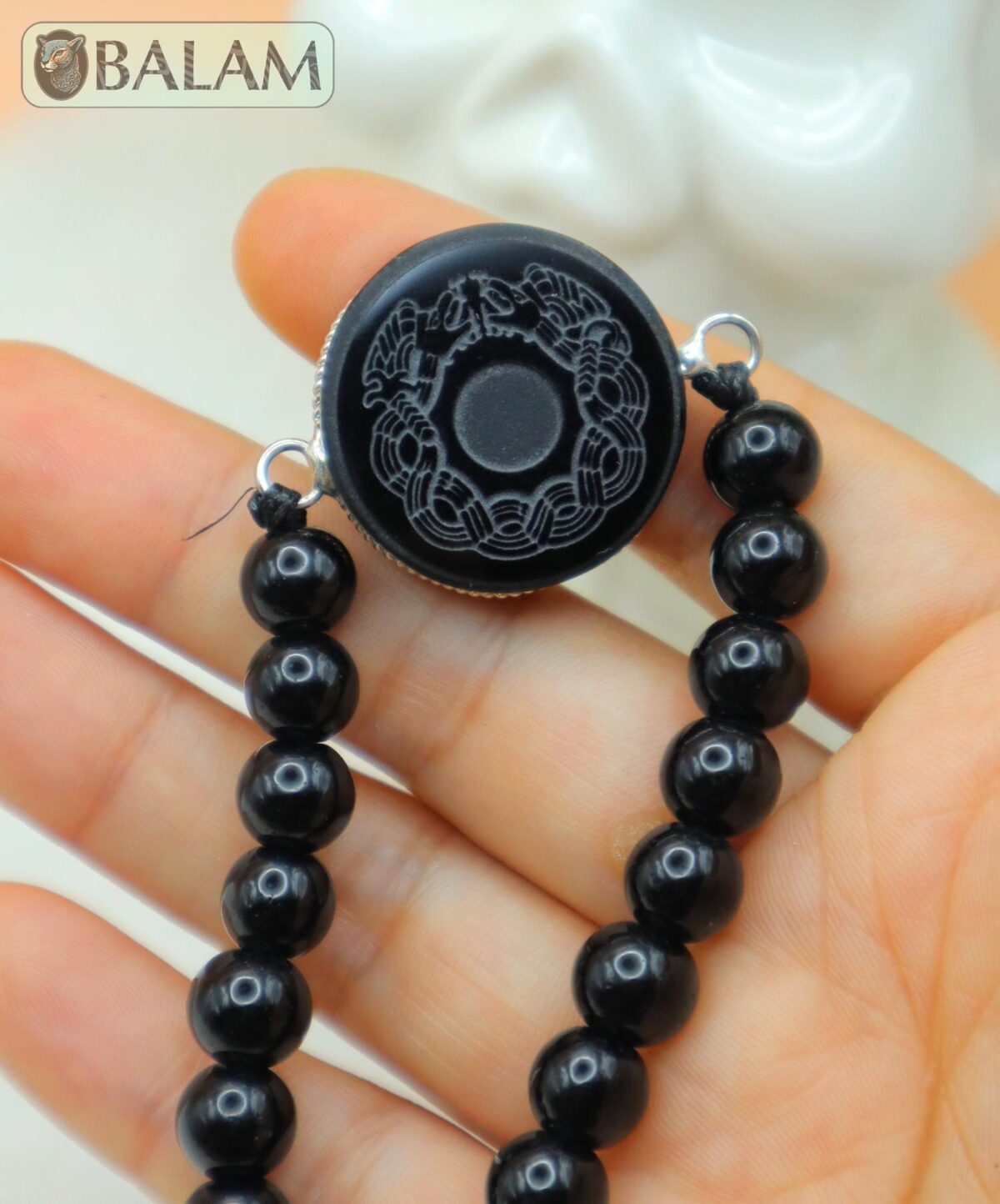 Obsidian bracelet with Mayan symbols, Fossil bracelet, 8.5mm diameter of beads. Adjustable 8 to 10 inches. Healing stones, Protection stones - Image 3