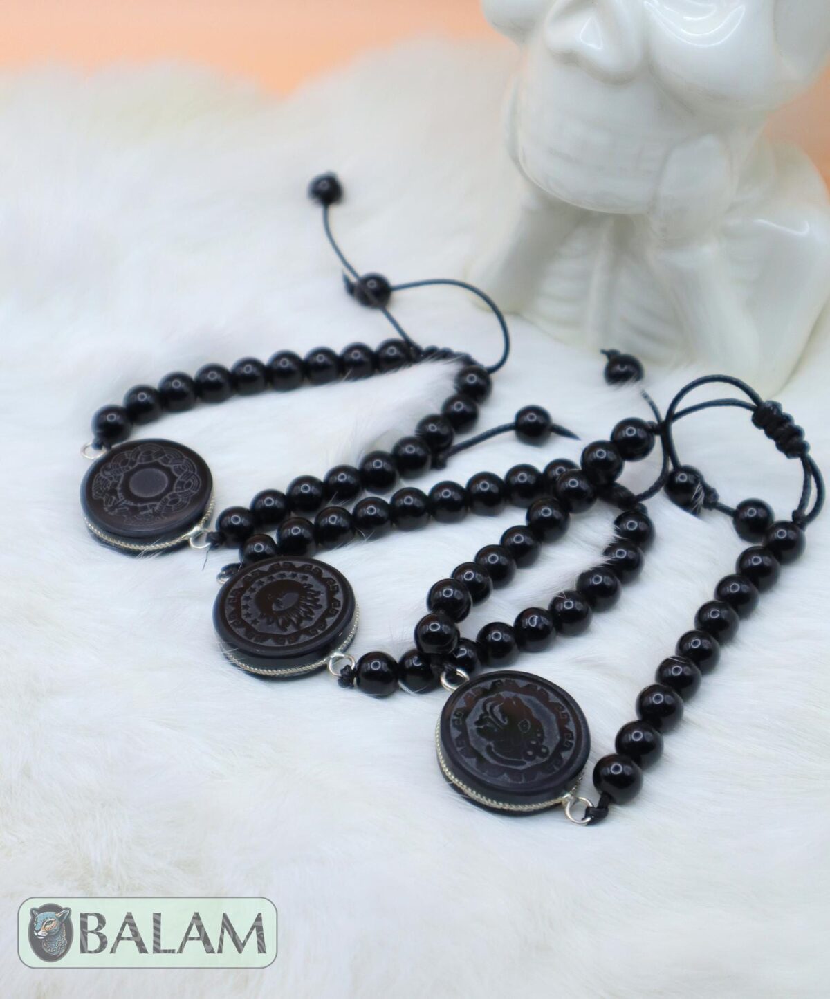 Obsidian bracelet with Mayan symbols, Fossil bracelet, 8.5mm diameter of beads. Adjustable 8 to 10 inches. Healing stones, Protection stones