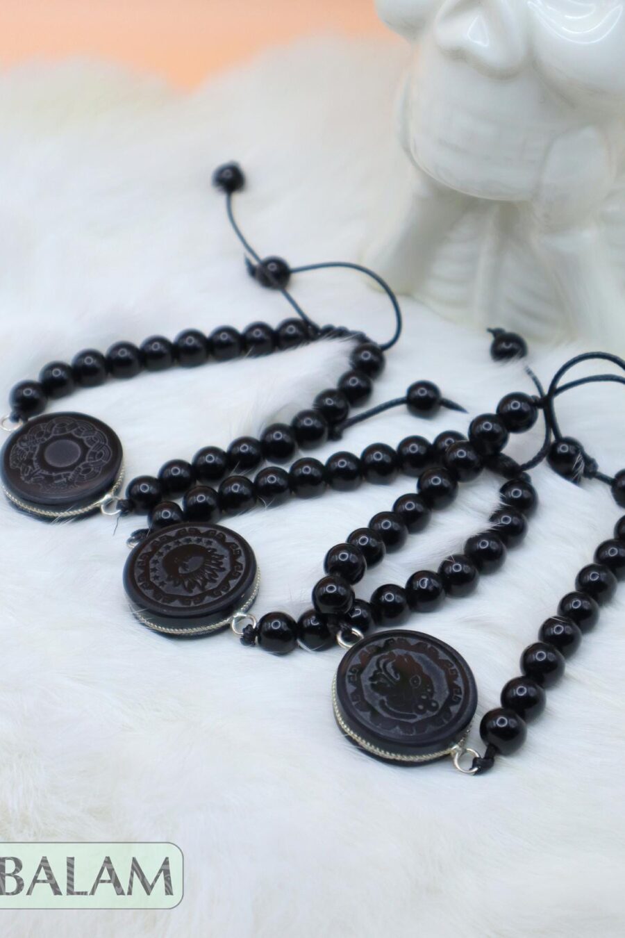 Obsidian bracelet with Mayan symbols, Fossil bracelet, 8.5mm diameter of beads. Adjustable 8 to 10 inches. Healing stones, Protection stones
