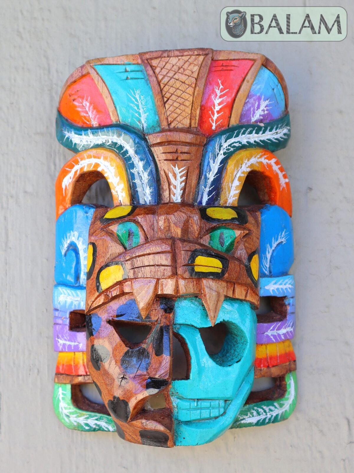Mayan Warrior Mask, Cedar wooden duality mask, Duality mask, jaguar mask, Jaguar duality warrior mask, Mayan duality mask. 8 inches - Image 2