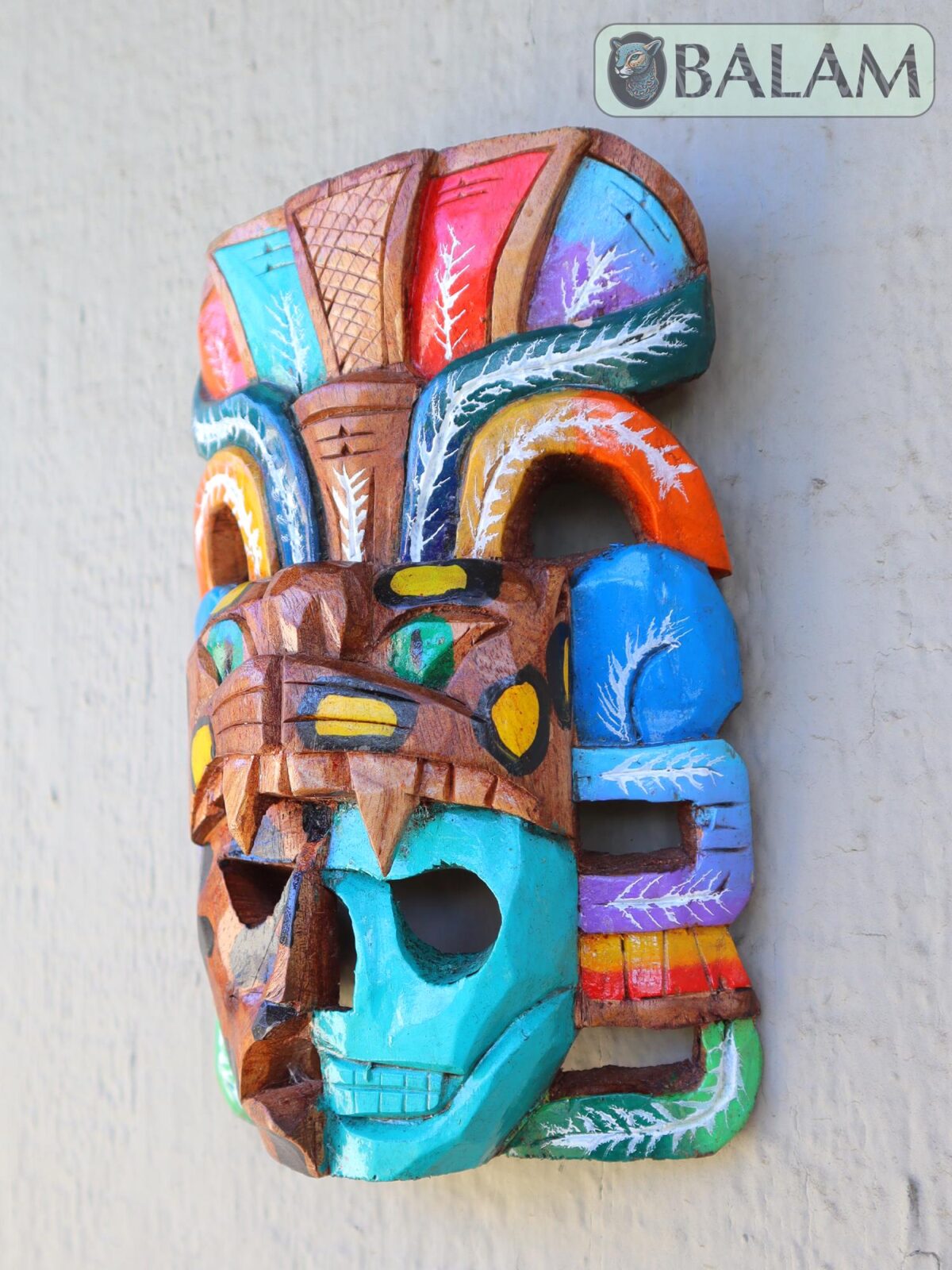 Mayan Warrior Mask, Cedar wooden duality mask, Duality mask, jaguar mask, Jaguar duality warrior mask, Mayan duality mask. 8 inches - Image 4