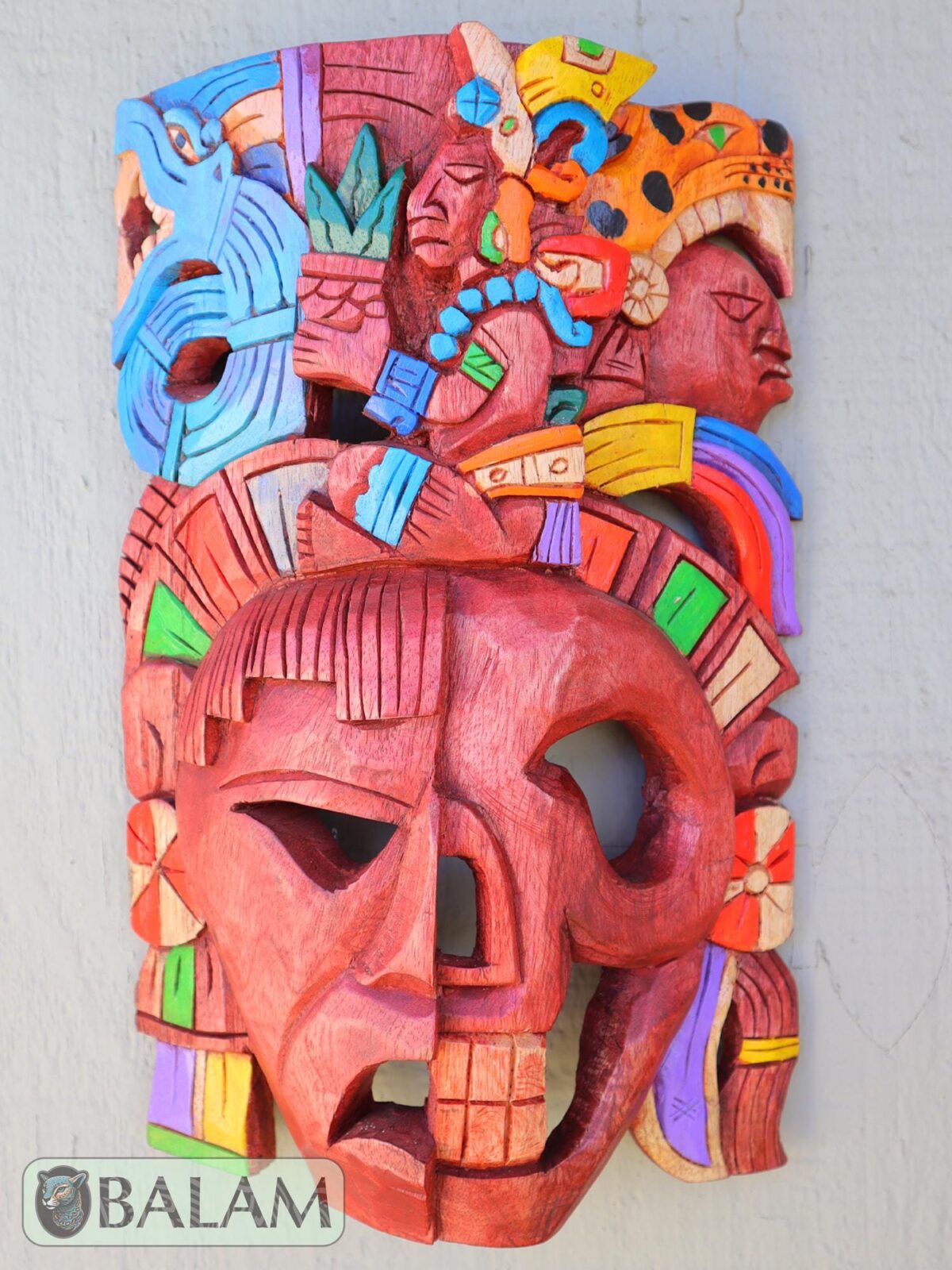 Mayan duality Mask, Cedar wooden duality mask, Duality mask, Kukulcan mask, jaguar warrior, Mayan duality mask. 15 inches - Image 2