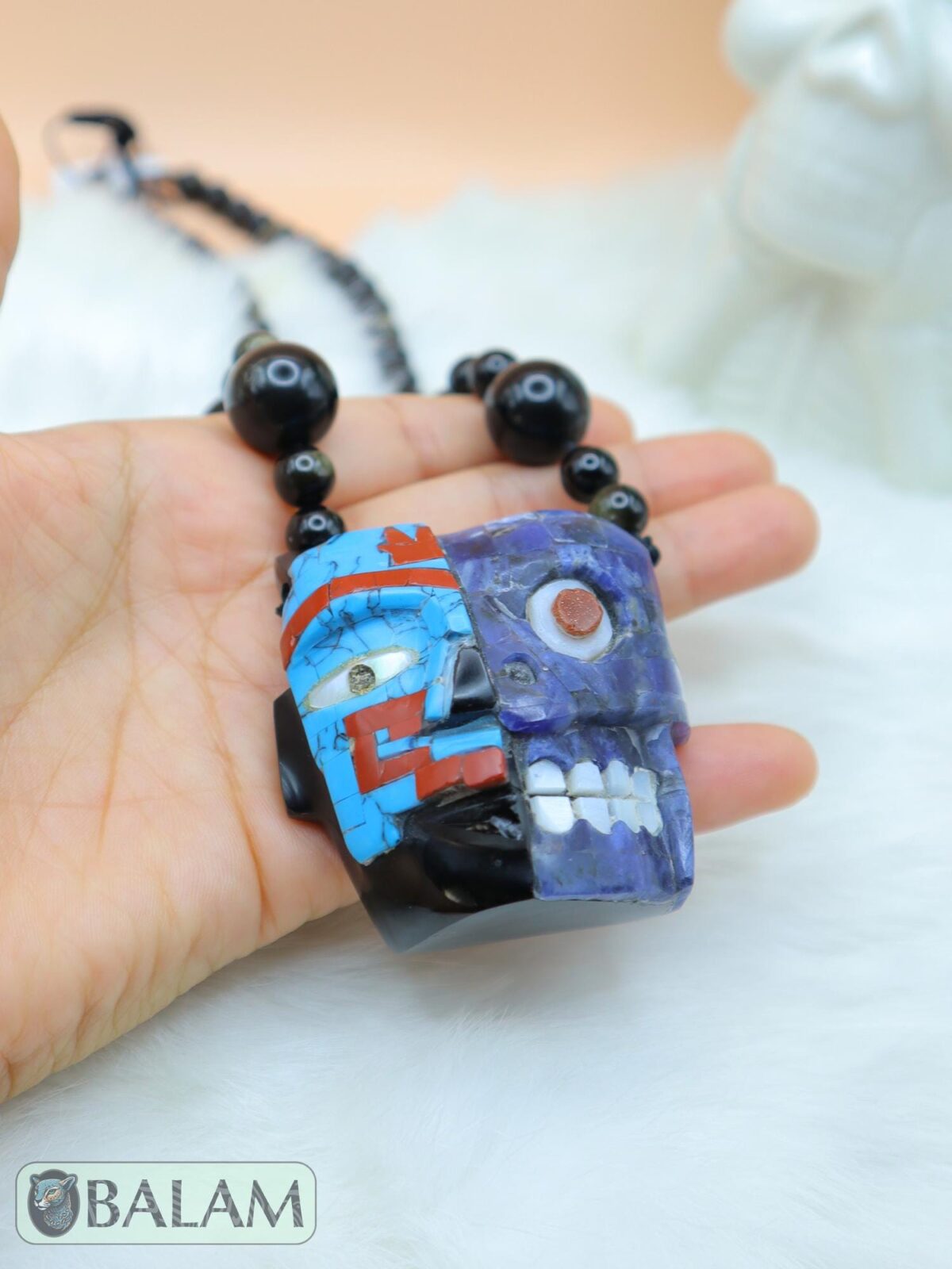 Duality of life and death necklace, Ceremonial Necklace, Obsidian, beads. Teotihuacan mask obsidian with aventurine, turquoise inlays. - Image 2