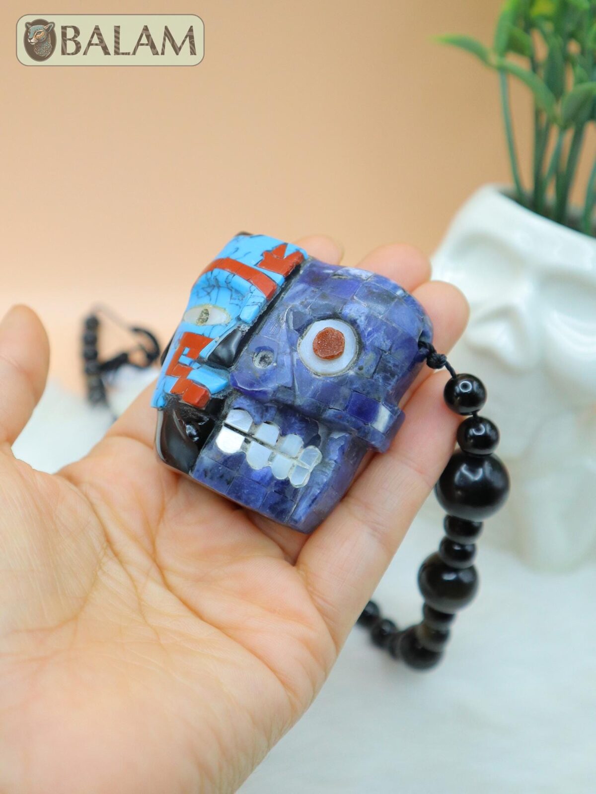 Duality of life and death necklace, Ceremonial Necklace, Obsidian, beads. Teotihuacan mask obsidian with aventurine, turquoise inlays. - Image 8