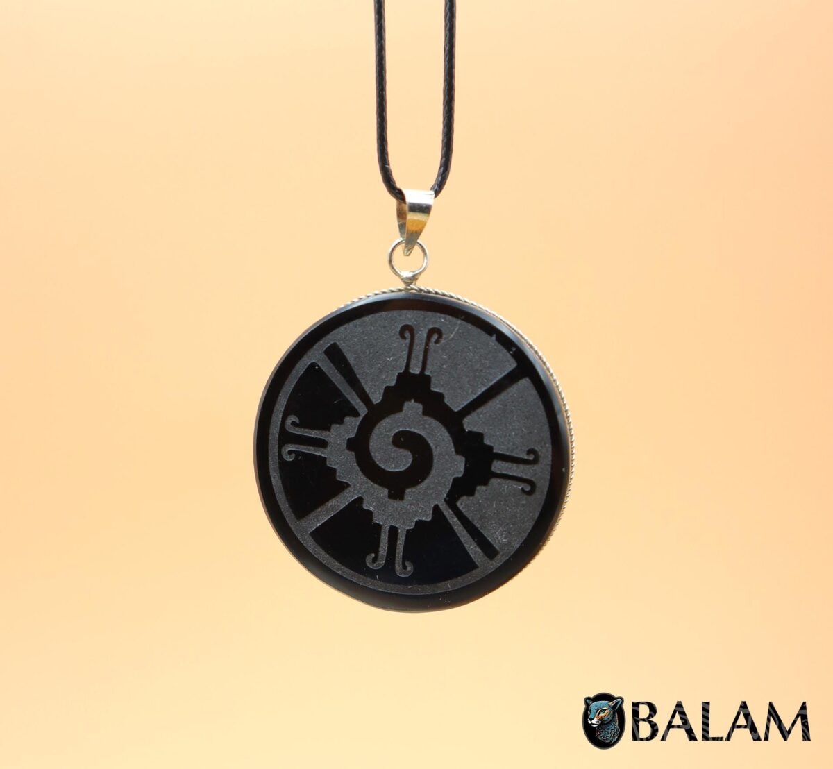 Obsidian pendant, obsidian necklace, Obsidian Mexica, Mexica necklace, Obsidian pendant. Eagle and sun, Hunab Kun. Black cord included - Image 2