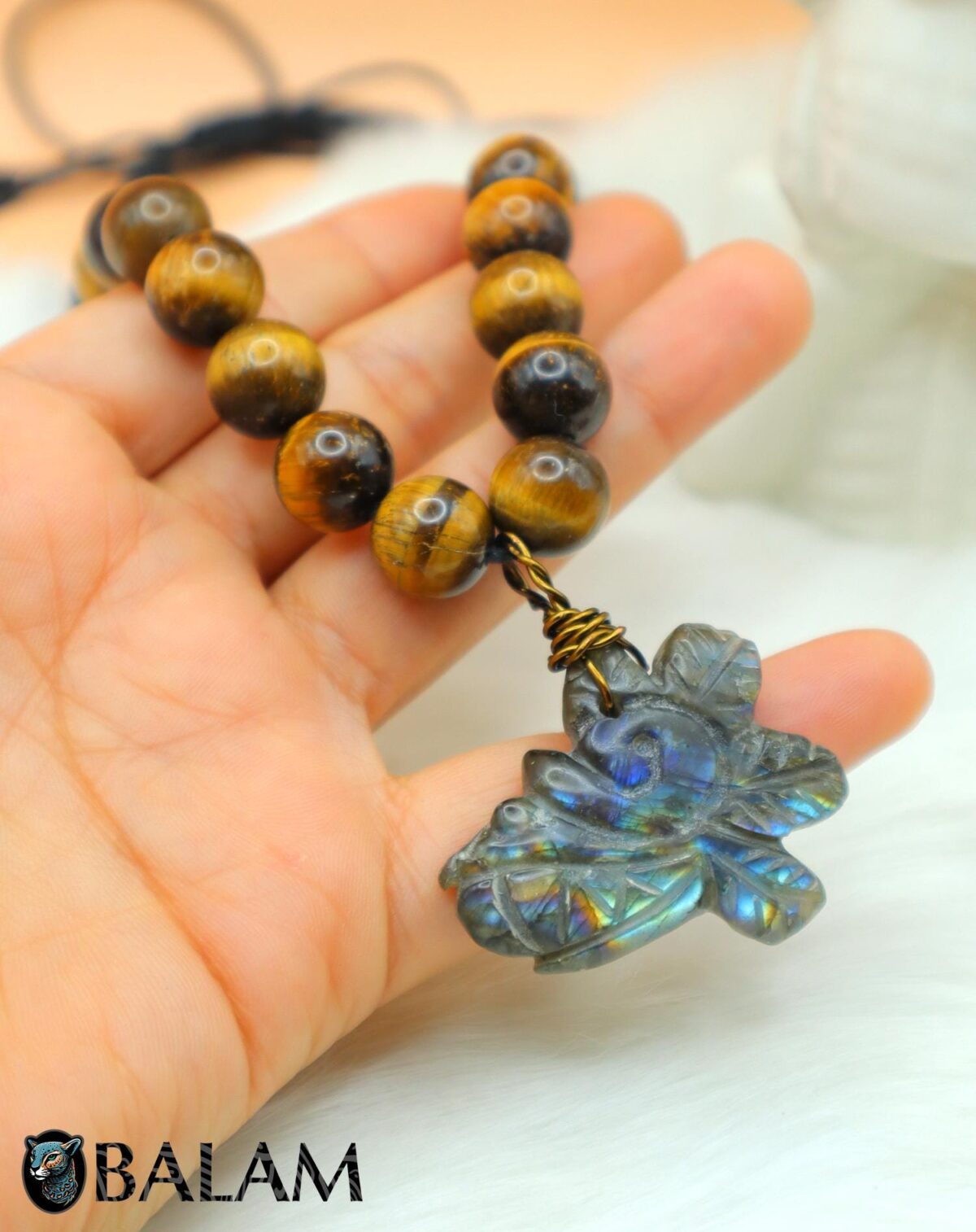 Quetzalcoatl necklace, Ceremonial Necklace, Aztec deity, Kukulcan Mayan deity, Labradorite carved, tigers' eye beads. Read DESCRIPTION