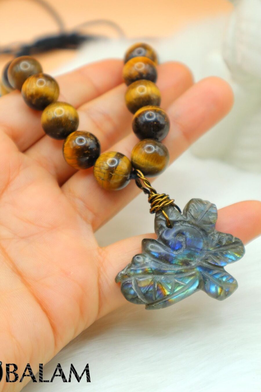 Quetzalcoatl necklace, Ceremonial Necklace, Aztec deity, Kukulcan Mayan deity, Labradorite carved, tigers' eye beads. Read DESCRIPTION