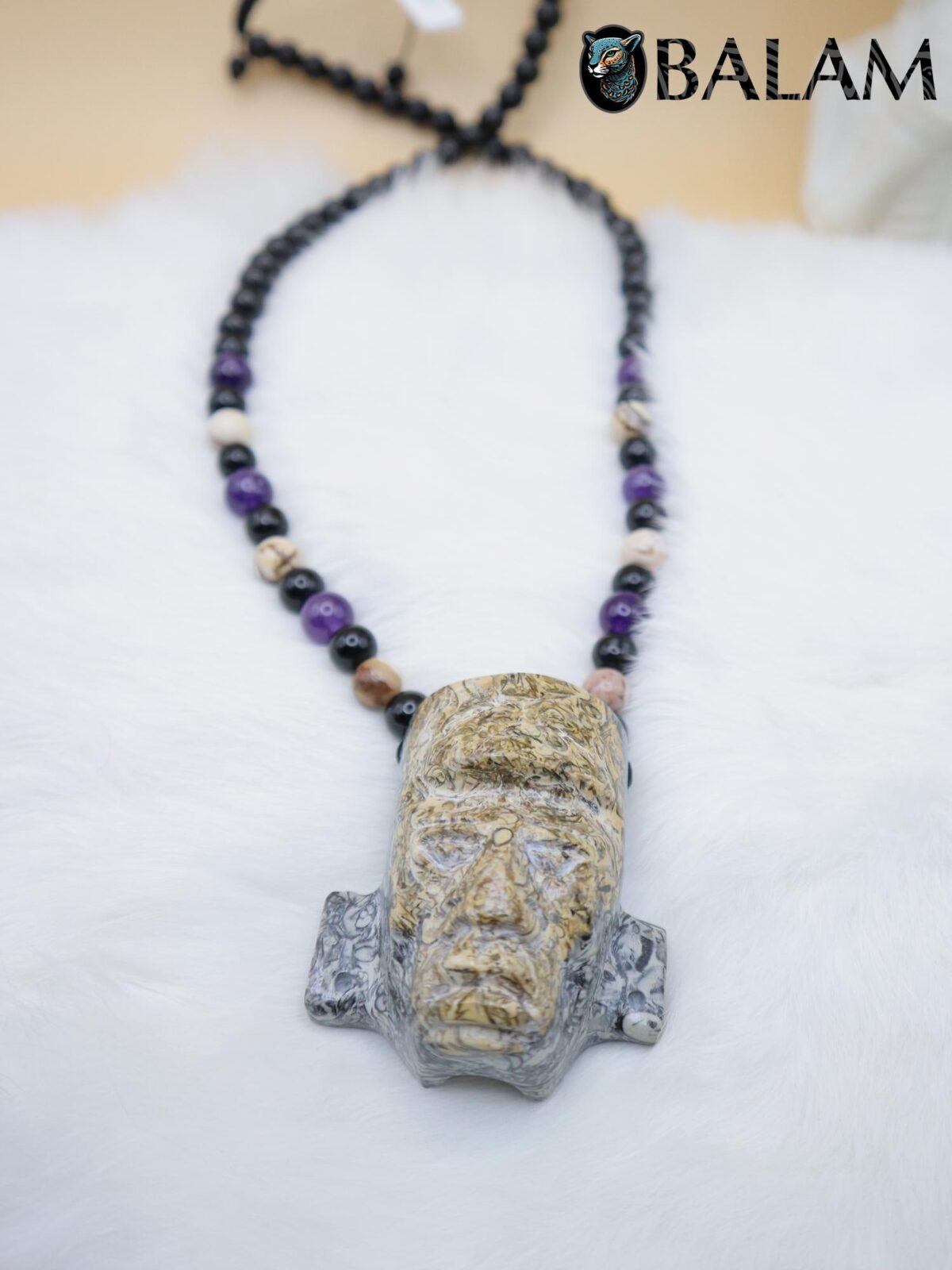 Fossil Mayan Mask Ceremonial Necklace, Aventurine and obsidian bead Necklace, Mayan mask, Protective Necklace, Native Mayan. - Image 4