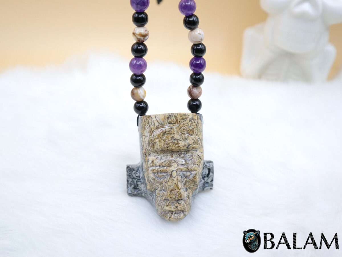 Fossil Mayan Mask Ceremonial Necklace, Aventurine and obsidian bead Necklace, Mayan mask, Protective Necklace, Native Mayan. - Image 3