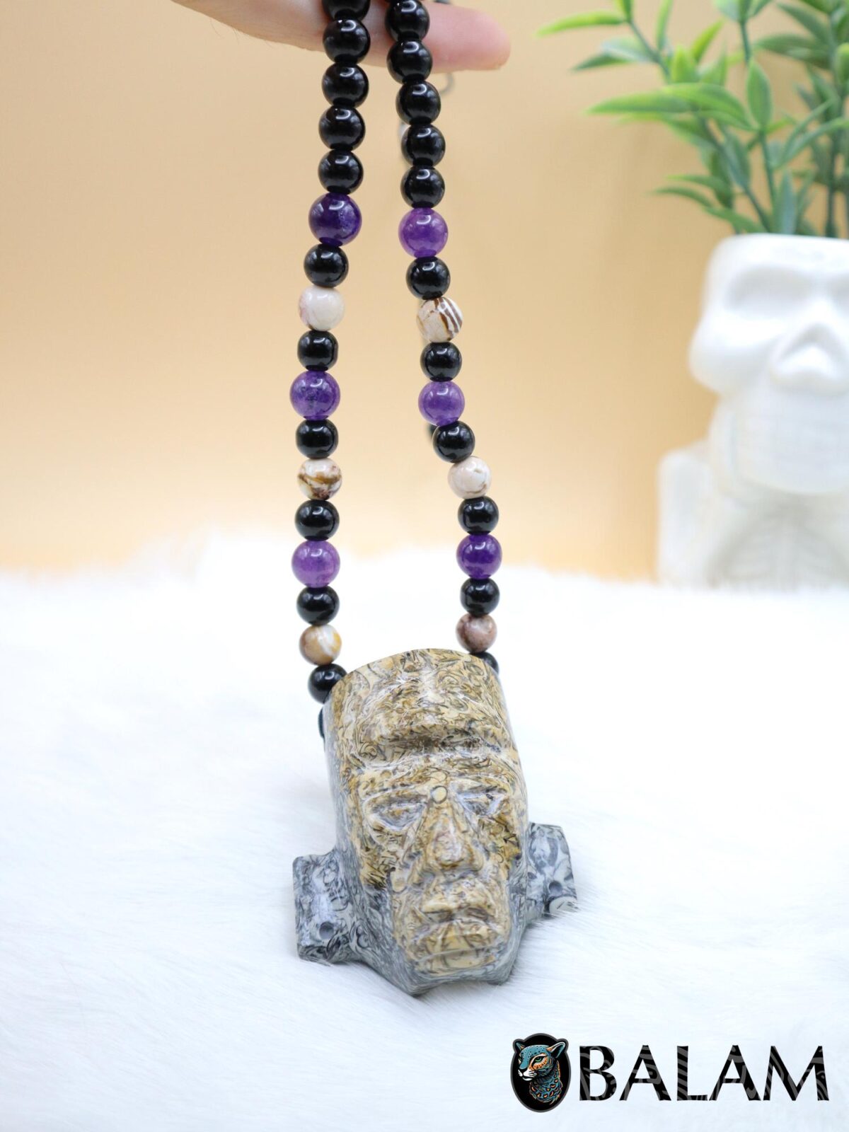 Fossil Mayan Mask Ceremonial Necklace, Aventurine and obsidian bead Necklace, Mayan mask, Protective Necklace, Native Mayan. - Image 5