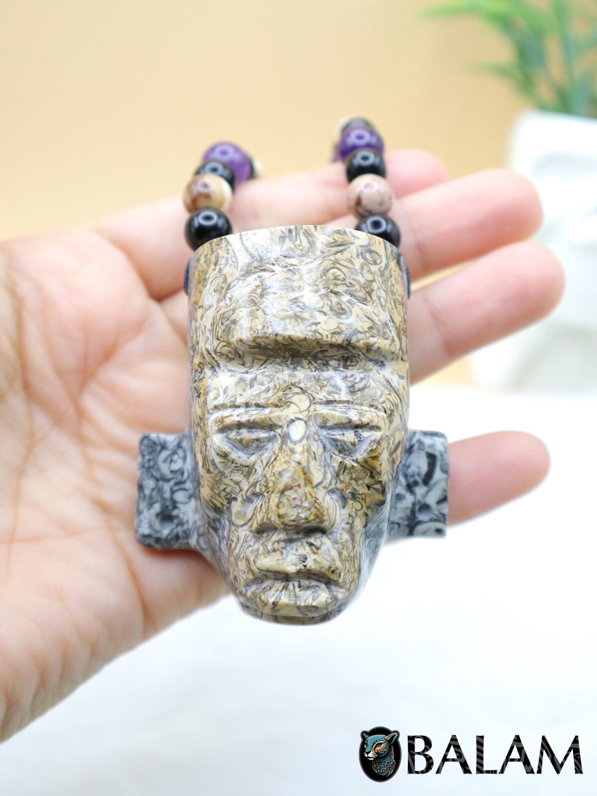 Fossil Mayan Mask Ceremonial Necklace, Aventurine and obsidian bead Necklace, Mayan mask, Protective Necklace, Native Mayan.