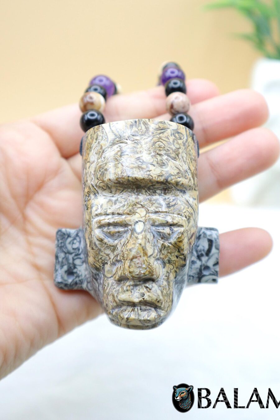 Fossil Mayan Mask Ceremonial Necklace, Aventurine and obsidian bead Necklace, Mayan mask, Protective Necklace, Native Mayan.