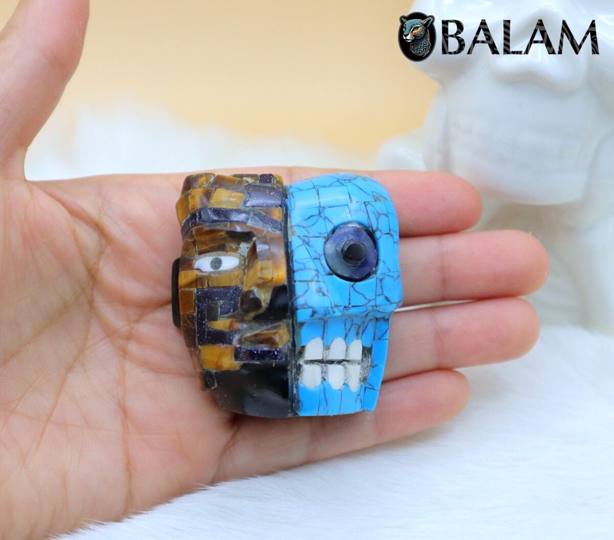 Duality of life and death Mask, Ceremonial Pendant, Obsidian mask, tigers' eye, turquoise inlays. Teotihuacan mask. Aztec mask