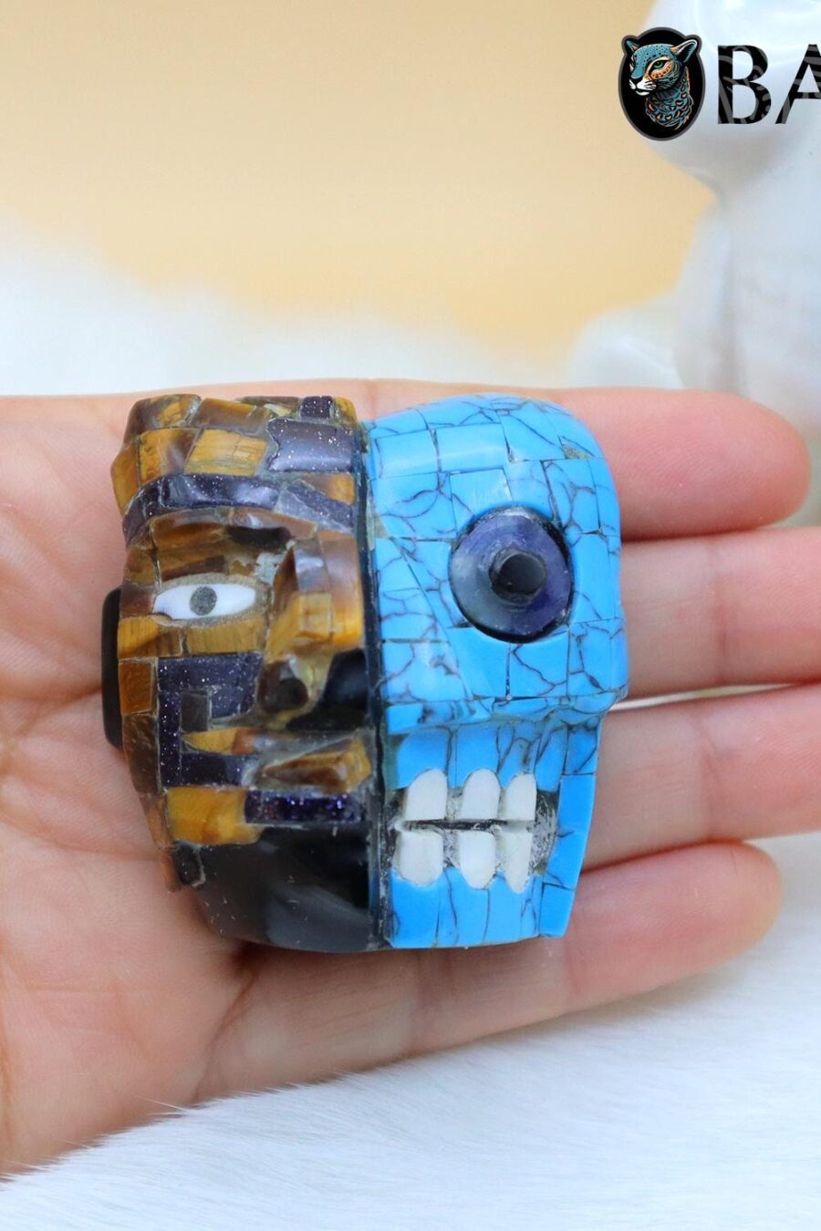 Duality of life and death Mask, Ceremonial Pendant, Obsidian mask, tigers' eye, turquoise inlays. Teotihuacan mask. Aztec mask