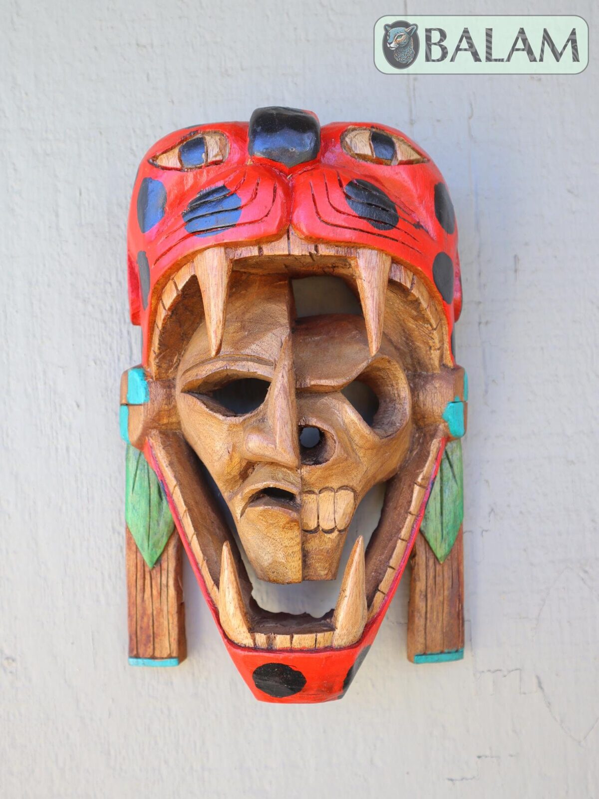 Mayan Warrior Mask, Cedar wooden duality mask, Duality mask, jaguar mask, Jaguar duality warrior mask, Mayan duality mask. 12 inches, Heavy