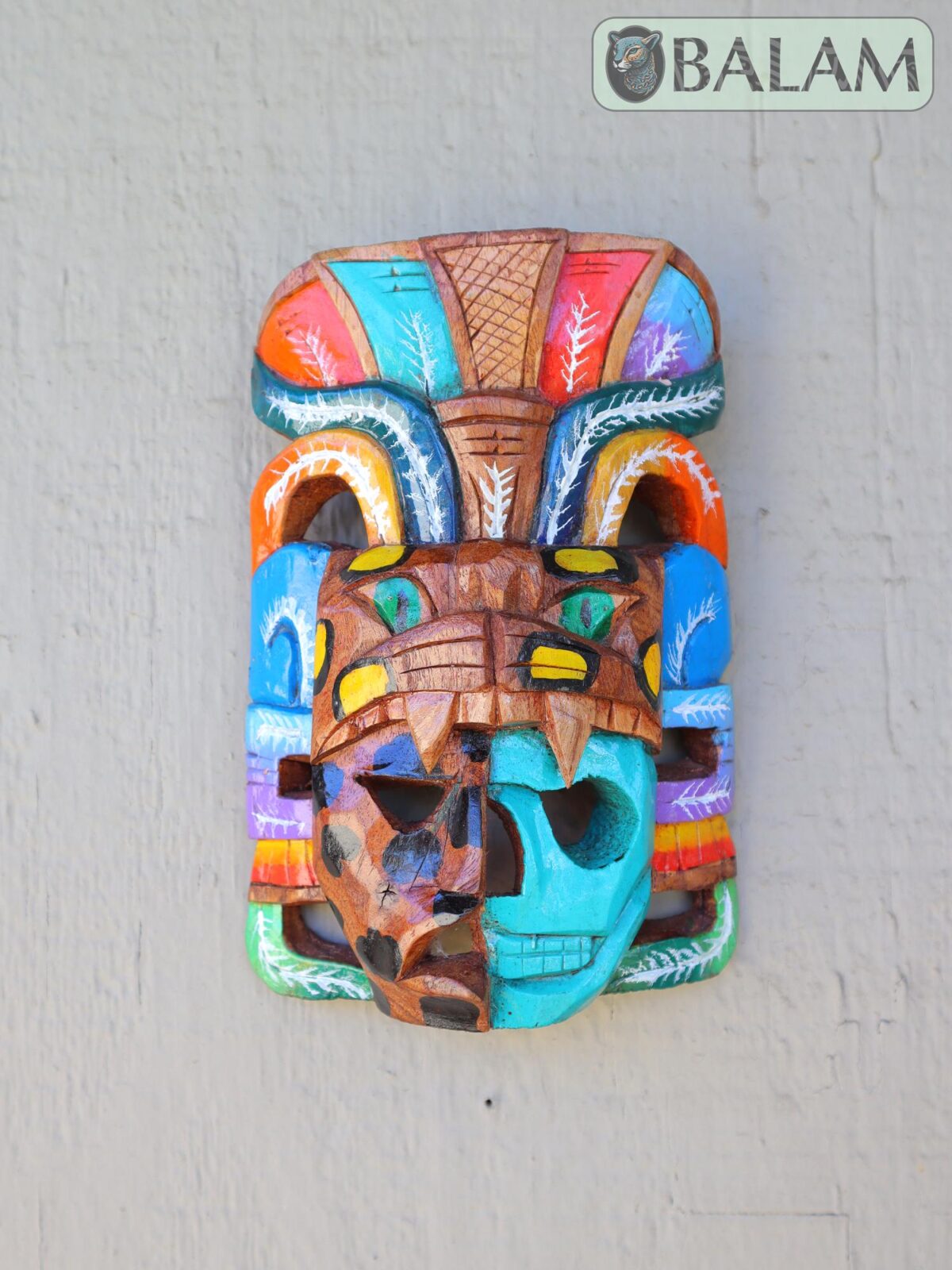 Mayan Warrior Mask, Cedar wooden duality mask, Duality mask, jaguar mask, Jaguar duality warrior mask, Mayan duality mask. 8 inches