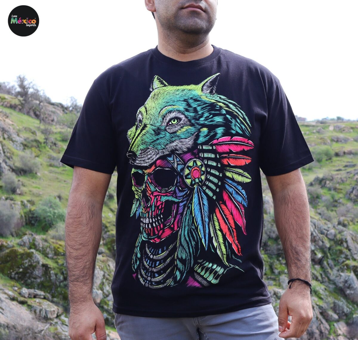 Native skull shirt, Unique Screen-printing T-shirt, Mexican style, Mayan style, Aztec style, Glow in neon lights, unique shirt.