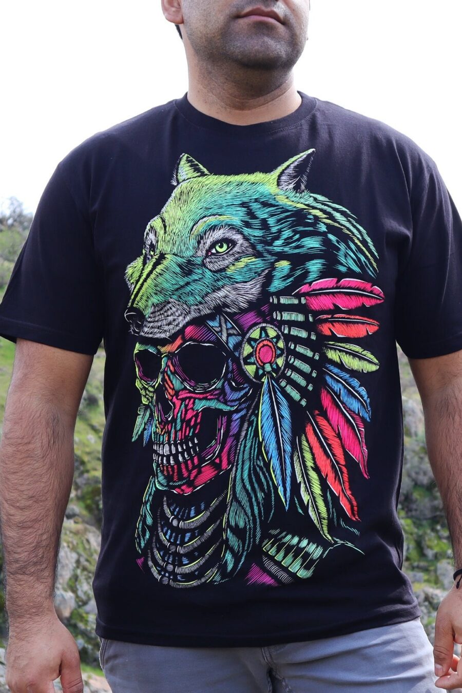 Native skull shirt, Unique Screen-printing T-shirt, Mexican style, Mayan style, Aztec style, Glow in neon lights, unique shirt.