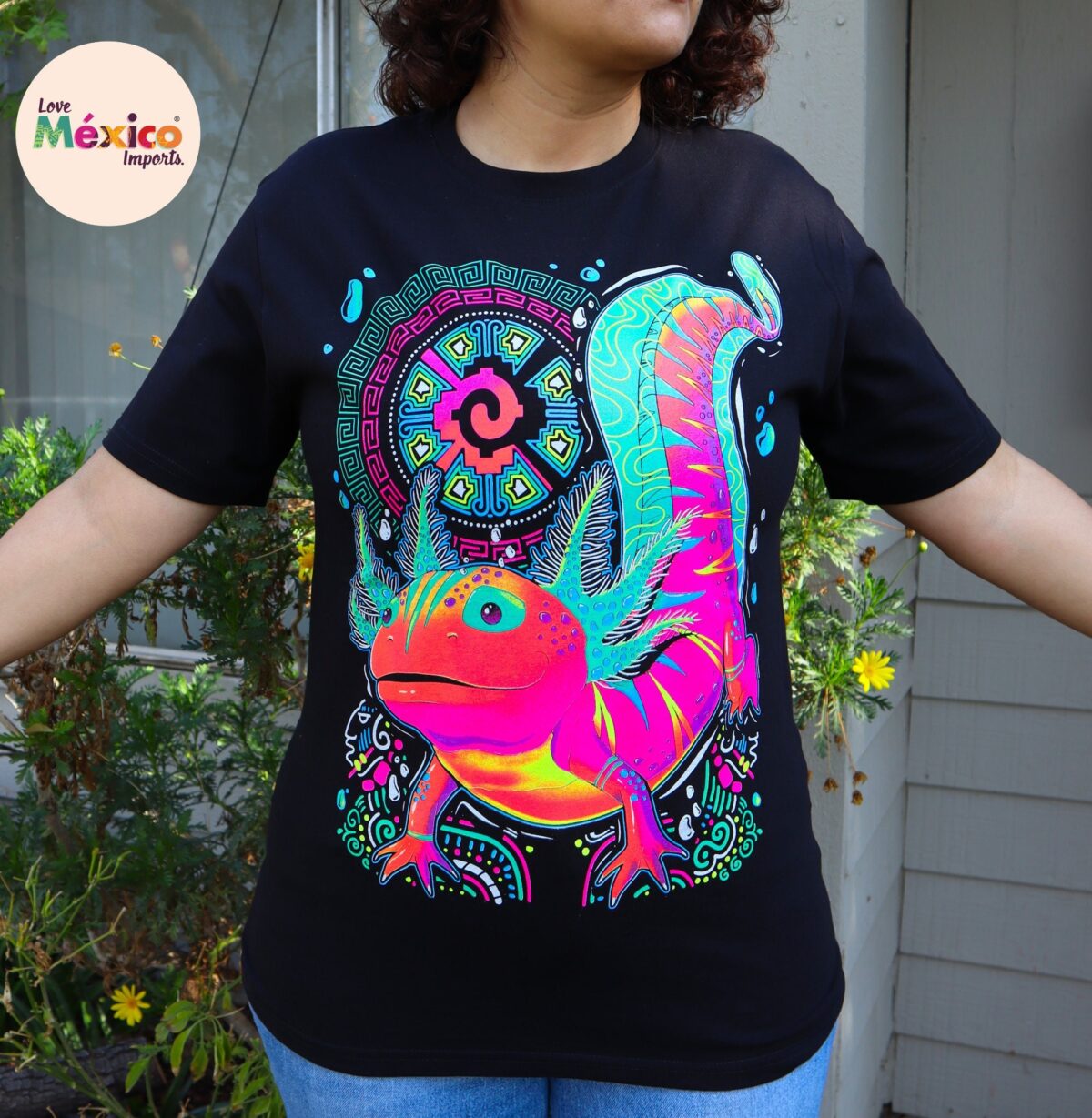 Ajolote T-shirt, Axolotl shirt, Unique Screen-printing T-shirt, Mexican style, Mayan style, Aztec style, Glow in neon lights, unique shirt.