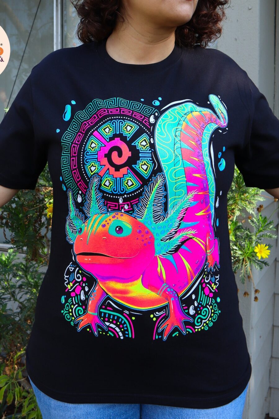 Ajolote T-shirt, Axolotl shirt, Unique Screen-printing T-shirt, Mexican style, Mayan style, Aztec style, Glow in neon lights, unique shirt.