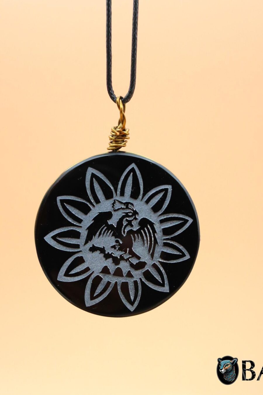 Obsidian pendant, obsidian necklace, Obsidian Mexica, Mexica necklace, Obsidian pendant. Eagle and sun, Hunab Kun. Black cord included