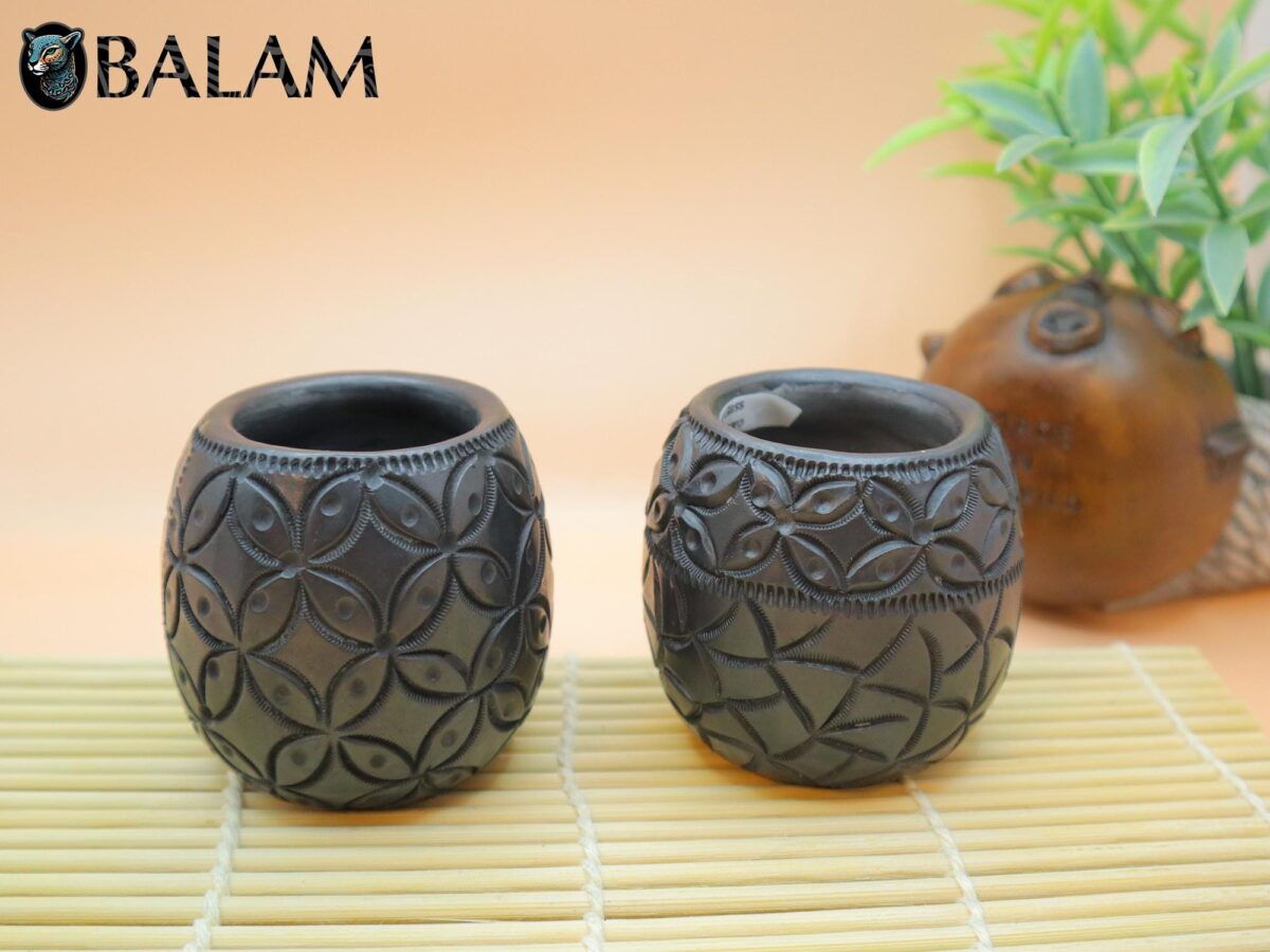 Barro Negro Shot Glasses with different patterns. Mezcal Glass, Tequilero Shot Glass. Rustic handmade shot glass. San Bartolo, Oaxaca. - Image 2