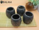 Barro Negro Shot Glasses with different patterns. Mezcal Glass, Tequilero Shot Glass. Rustic handmade shot glass. San Bartolo, Oaxaca.
