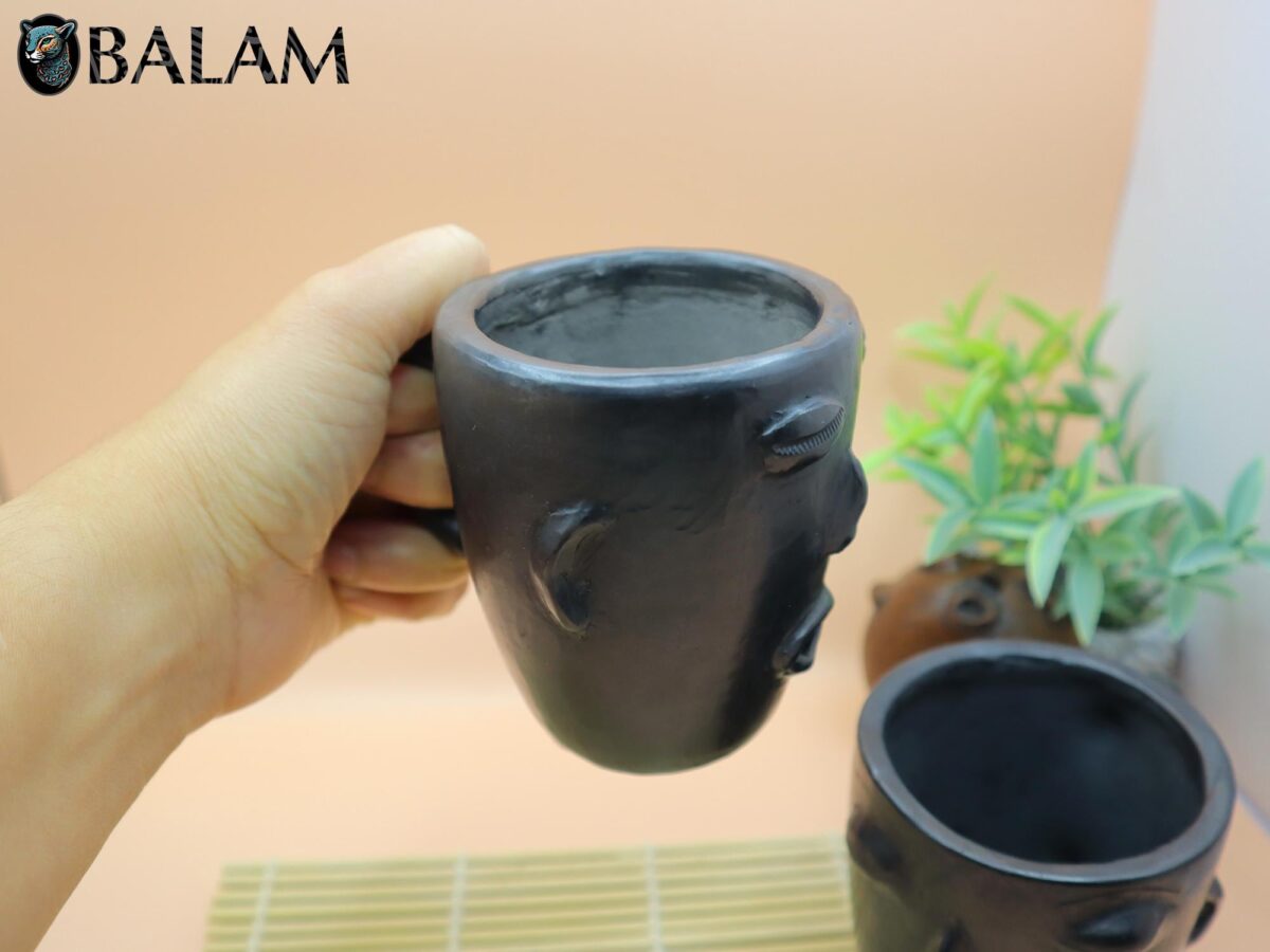 Barro Negro Tea or Coffee mug with face. Coffee Mug, Taza de Barro negro, Barro negro cup. Rustic handmade Mugs. San Bartolo, Oaxaca.