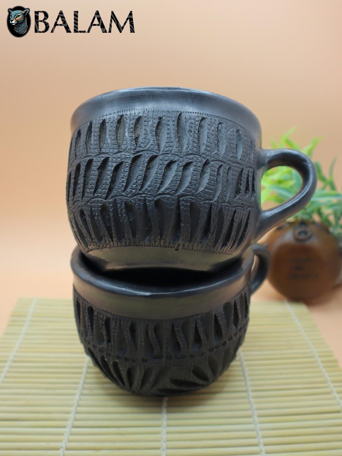 Barro Negro Chocolatera or Coffee mug with patterns, Taza Bola de Barro negro, Rustic handmade Mugs. San Bartolo, Oaxaca. - Image 2
