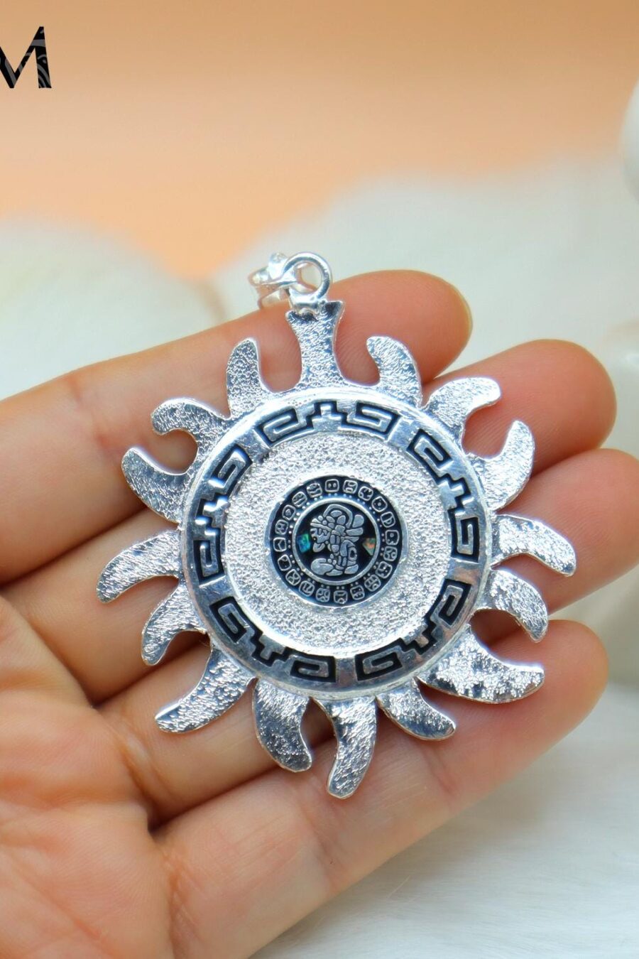 Silver Sun pendant, Mayan Calendar sun, 2 inches pendant, 925 silver. Mayan symbols. Read Description
