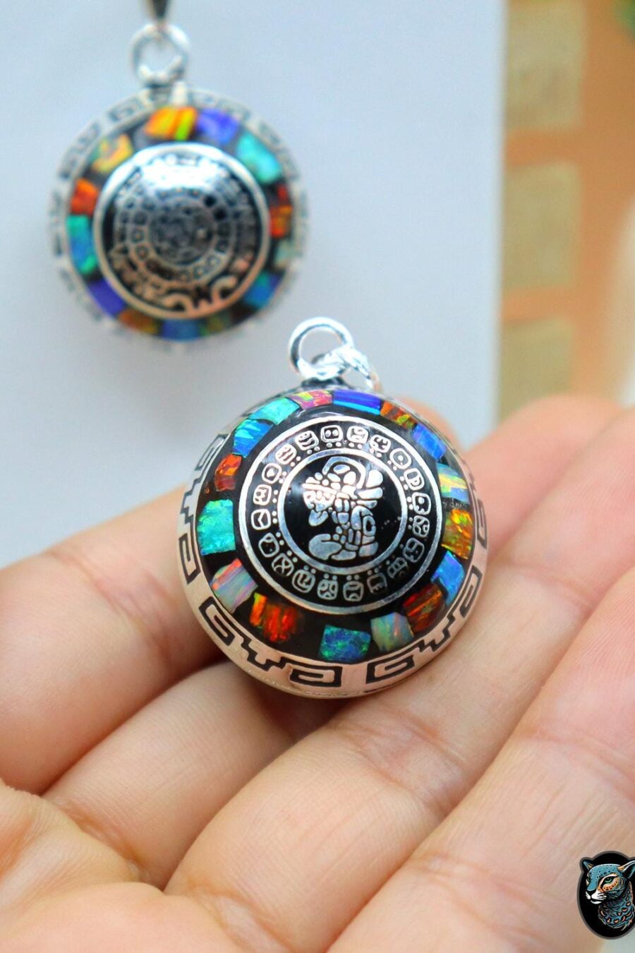 Angel Caller, Harmony ball, Chime bell pendant, 25 mm pendant (Big), 925 silver. Mayan Aztec Calendar. Multicolor. Read Description