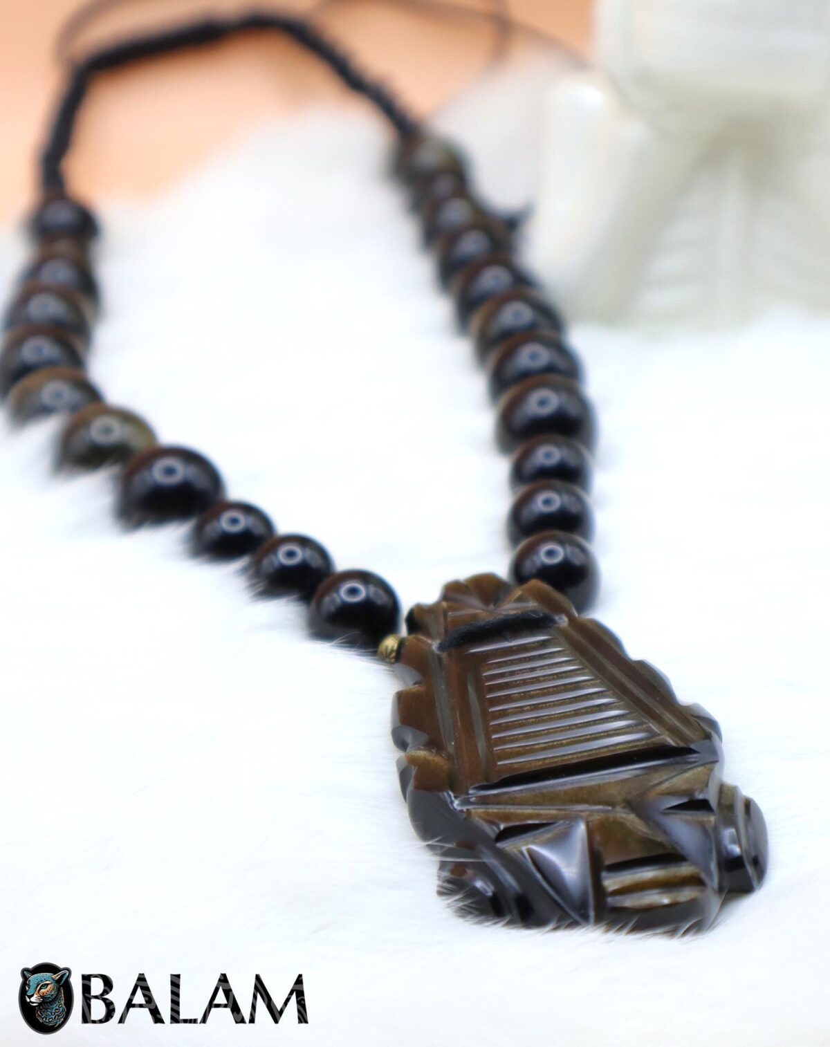 Obsidian Mask necklace, Obsidian Beads, Ceremonial Necklace, Obsidian. - Image 4
