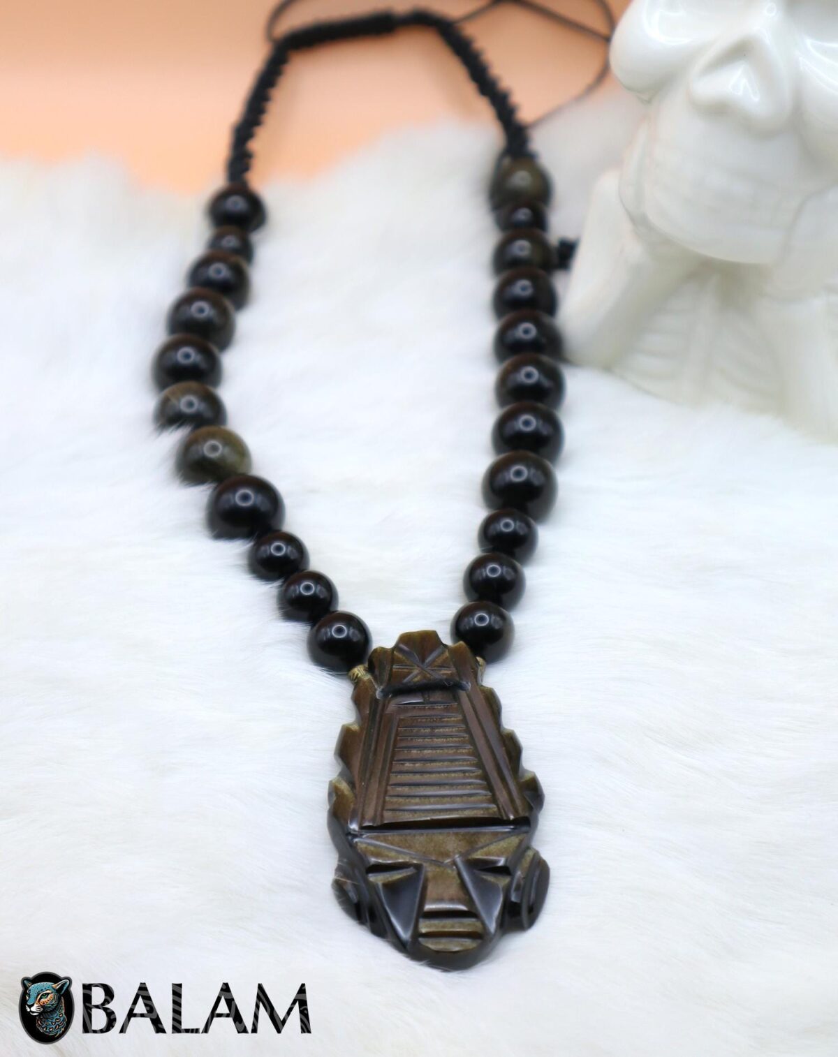 Obsidian Mask necklace, Obsidian Beads, Ceremonial Necklace, Obsidian. - Image 3