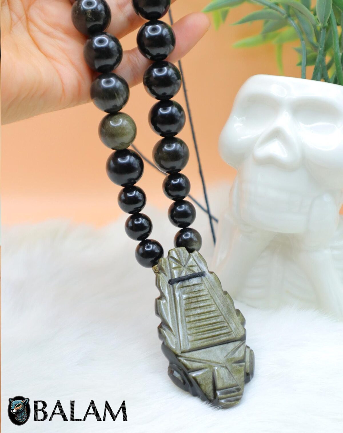 Obsidian Mask necklace, Obsidian Beads, Ceremonial Necklace, Obsidian. - Image 2