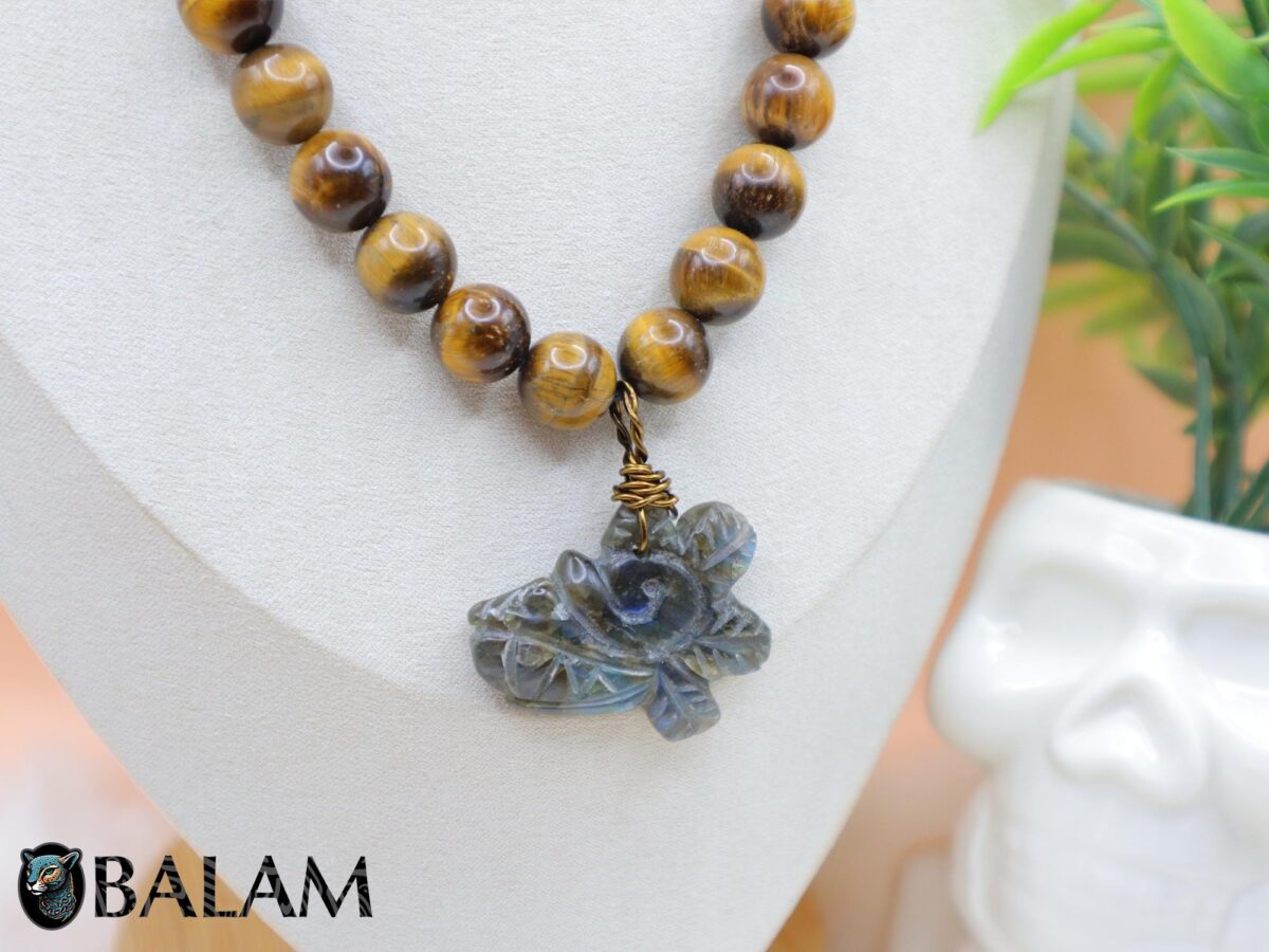 Quetzalcoatl necklace, Ceremonial Necklace, Aztec deity, Kukulcan Mayan deity, Labradorite carved, tigers' eye beads. Read DESCRIPTION - Image 7