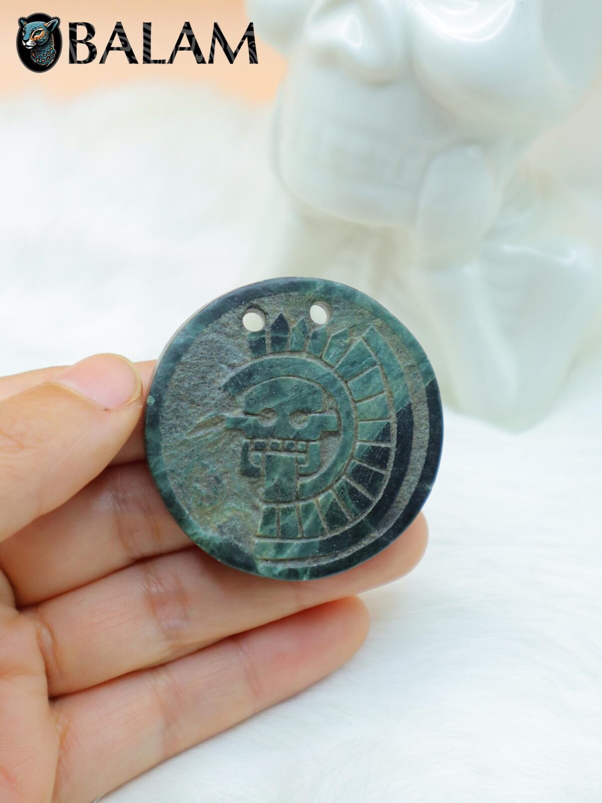 Disc of Mictlantecuhtli, Mictlantecuhtli pendant, green jade pendant, Ceremonial Necklace, Jade Necklace. Aztec god. Read Description - Image 3