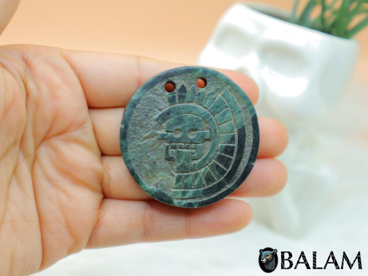 Disc of Mictlantecuhtli, Mictlantecuhtli pendant, green jade pendant, Ceremonial Necklace, Jade Necklace. Aztec god. Read Description