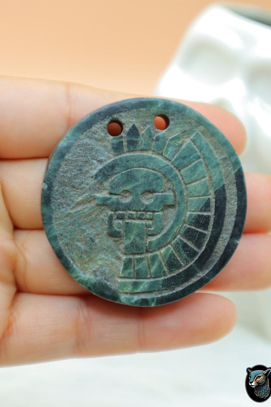 Disc of Mictlantecuhtli, Mictlantecuhtli pendant, green jade pendant, Ceremonial Necklace, Jade Necklace. Aztec god. Read Description
