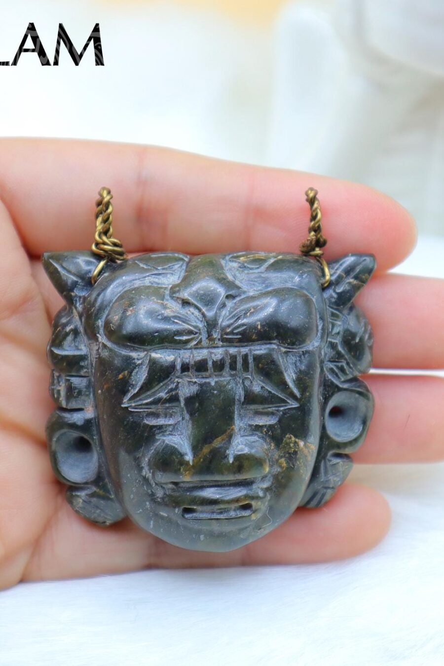 Jaguar warrior, Jade pendant, Carved artwork, Guerrero jaguar. Serpentine mask. Read Description