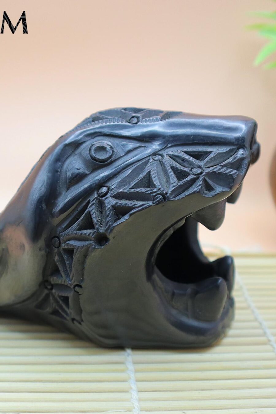 Barro Negro Jaguar Head. Impressive Handmade Jaguar of Black clay. Rustic handmade Jaguar head. San Bartolo, Oaxaca.