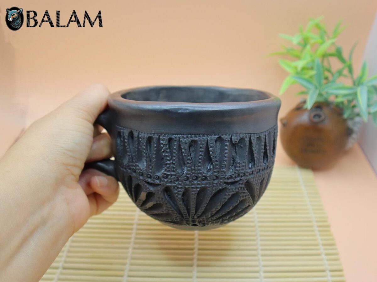 Barro Negro Chocolatera or Coffee mug with patterns, Taza Bola de Barro negro, Rustic handmade Mugs. San Bartolo, Oaxaca. - Image 4